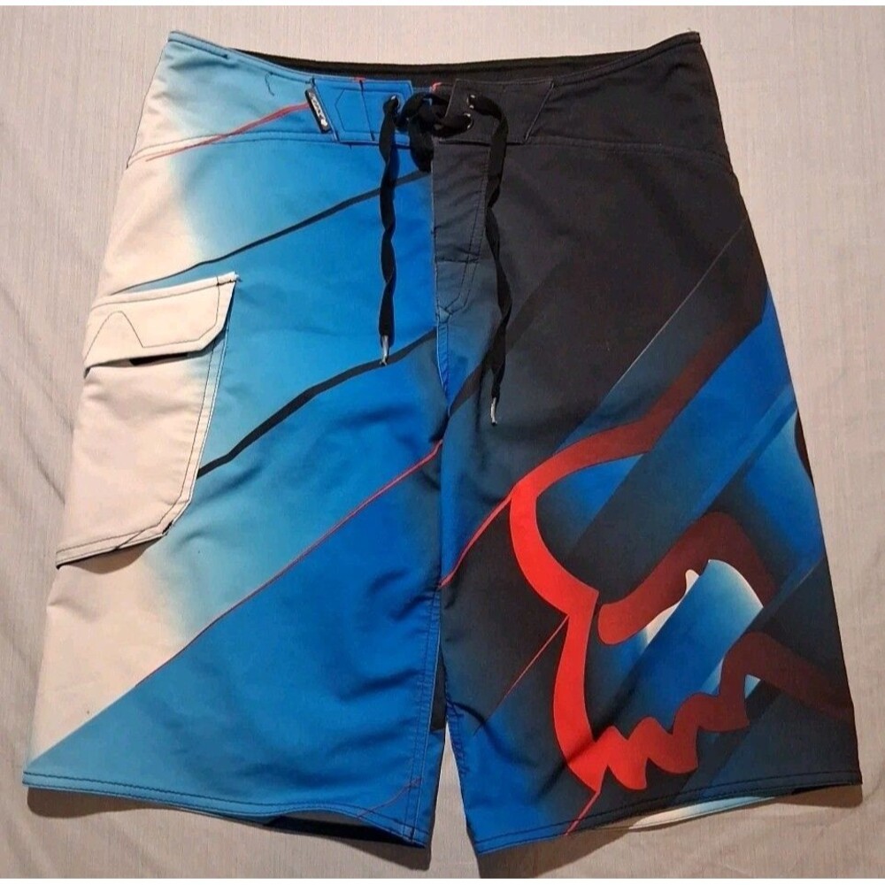 Fox Racing Board Shorts Mens 31 Black Blue Red Graphic Swim Trunks Motocross